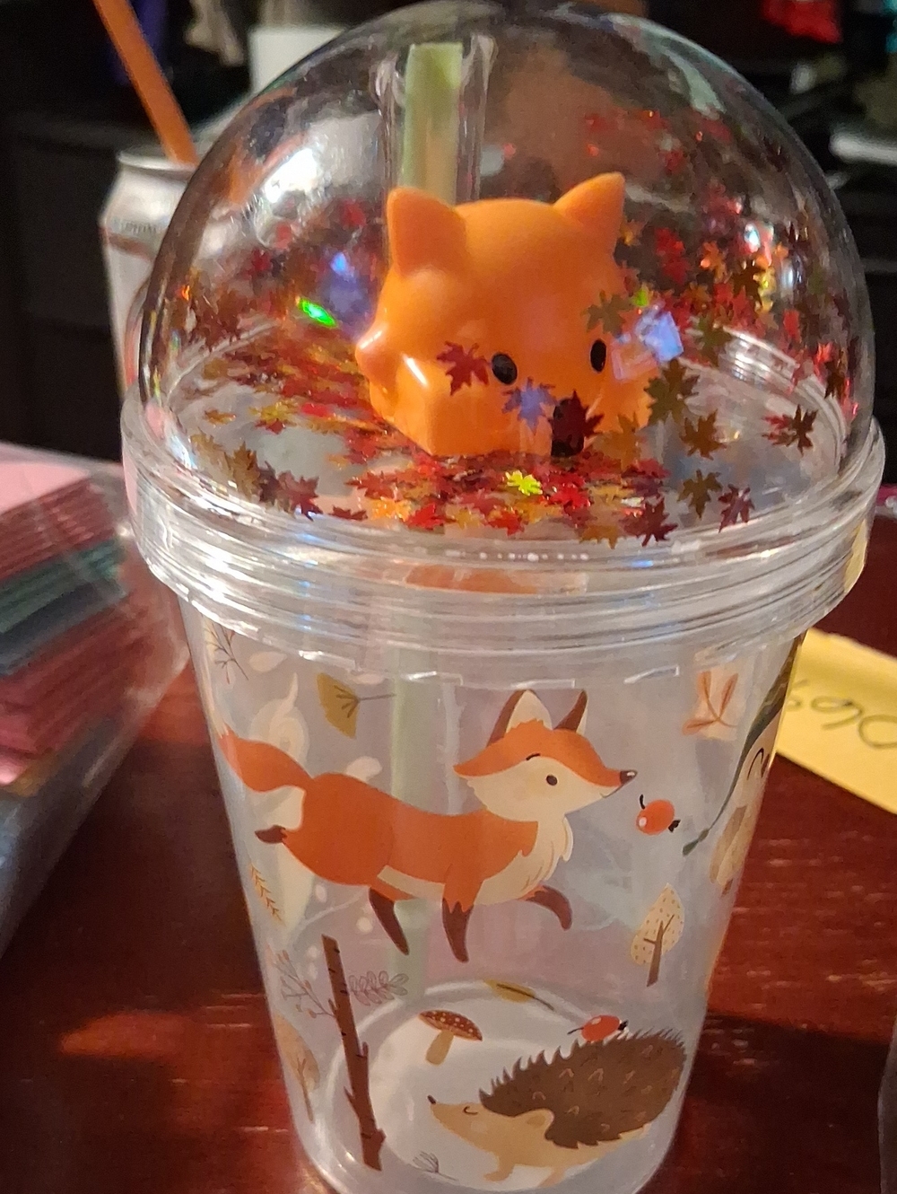 Orange Fox Glitter Dome Party Cup with Straw